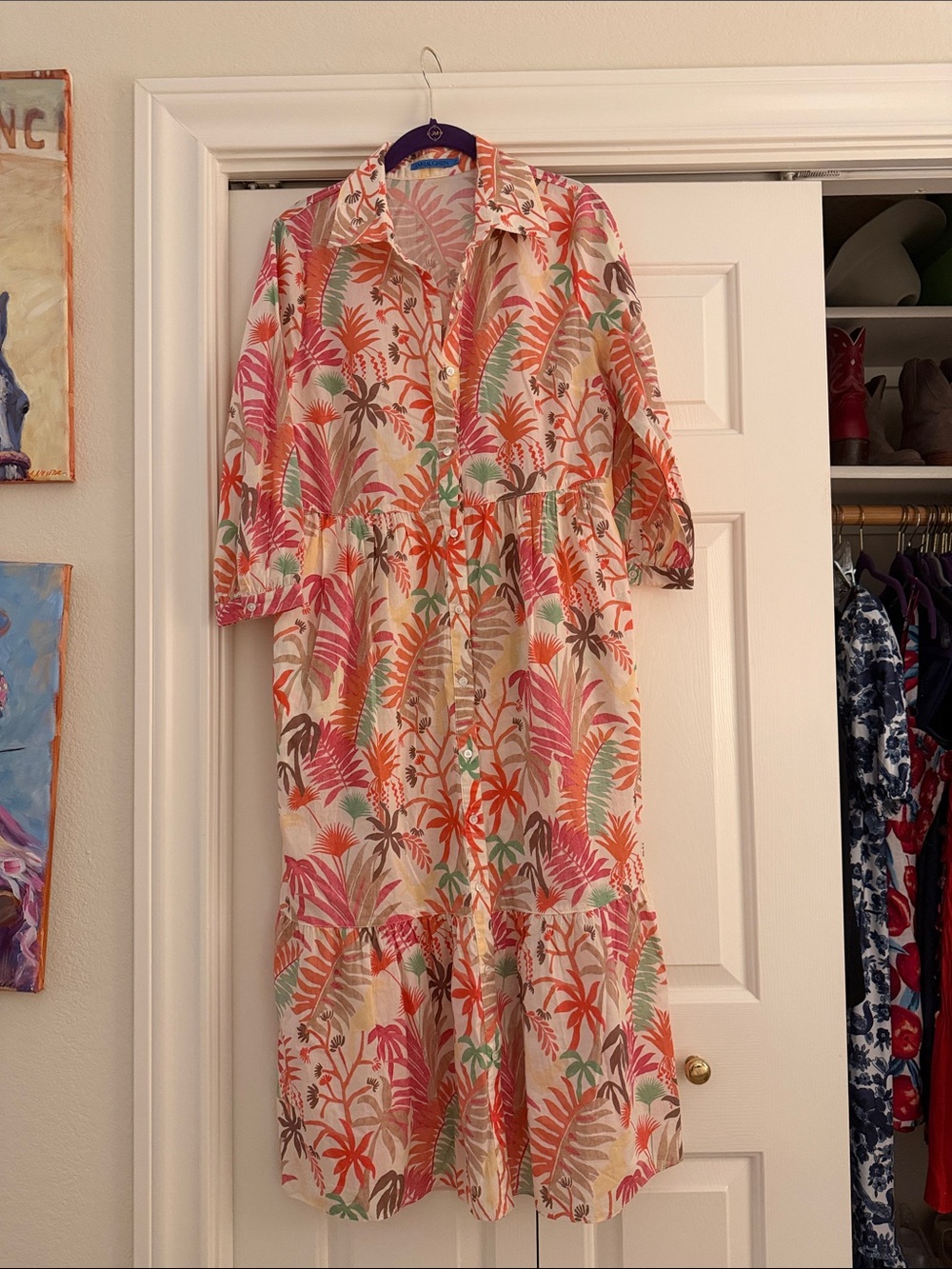 J. McLaughlin Tropical Leaf Button-Front Midi Dress in Pink, Coral & Green